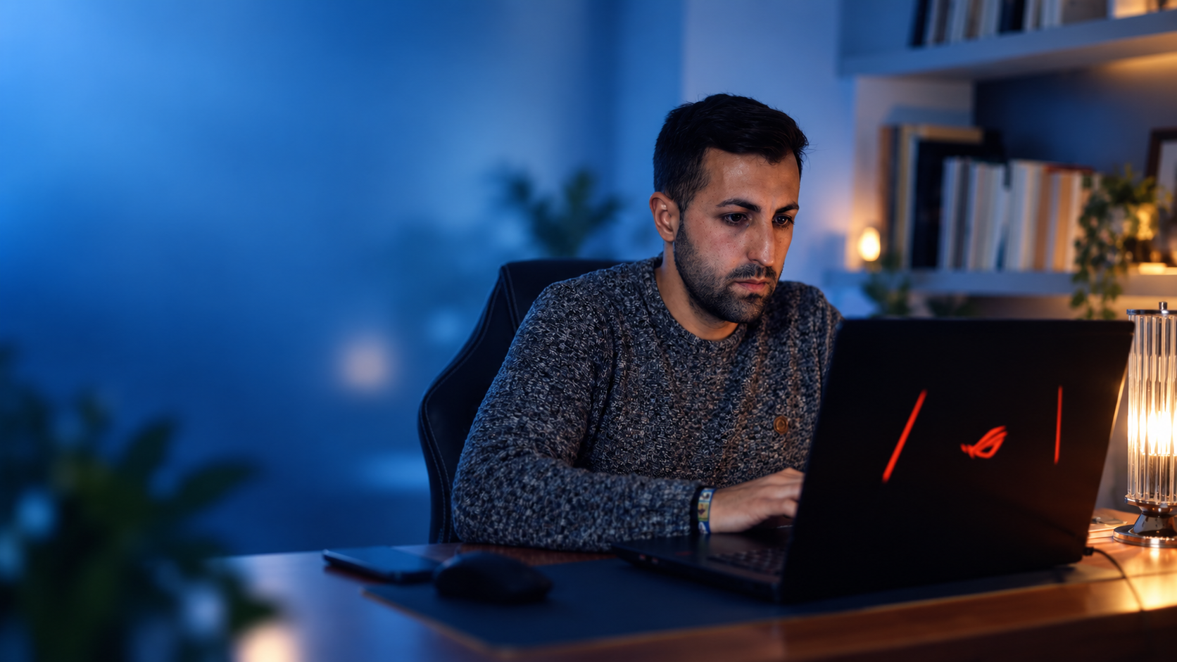 Juan López trabajando en su escritorio con el ordenador