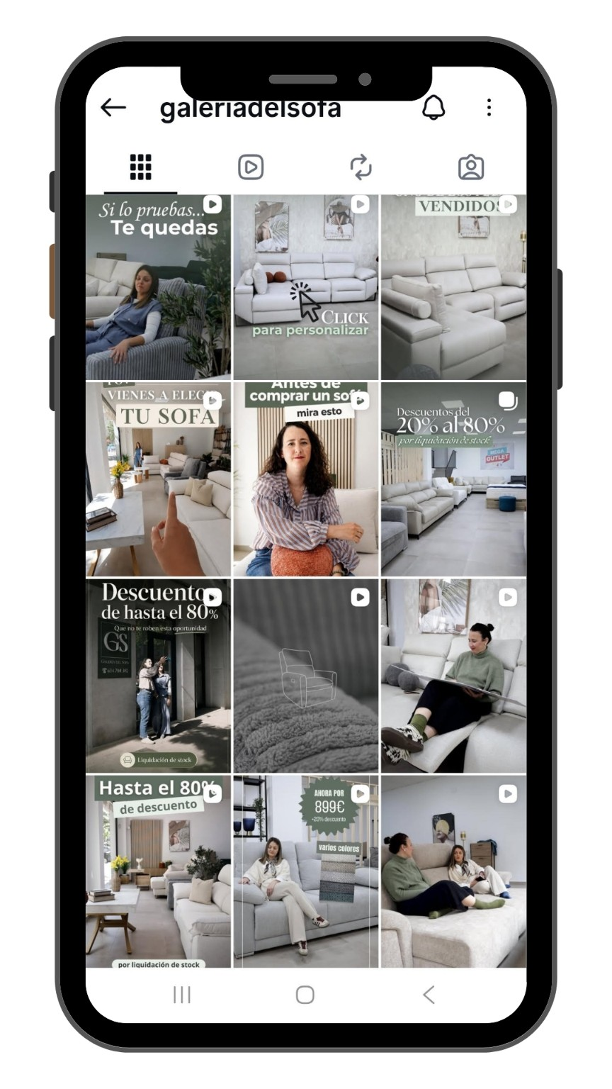 Feed de Instagram de Galería del Sofá con reels y contenido de producto